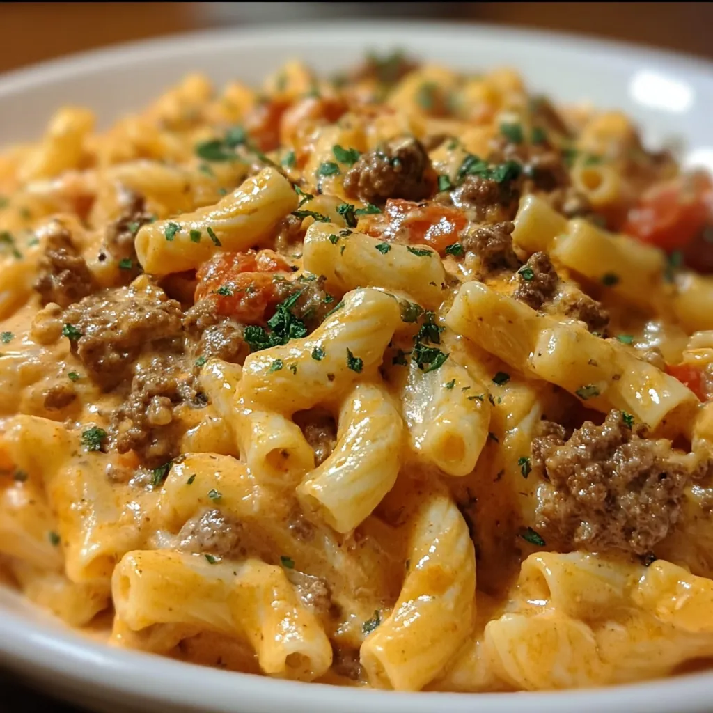 Creamy Rotel Pasta with Seasoned Ground Beef and Melted Cheese - secondary view